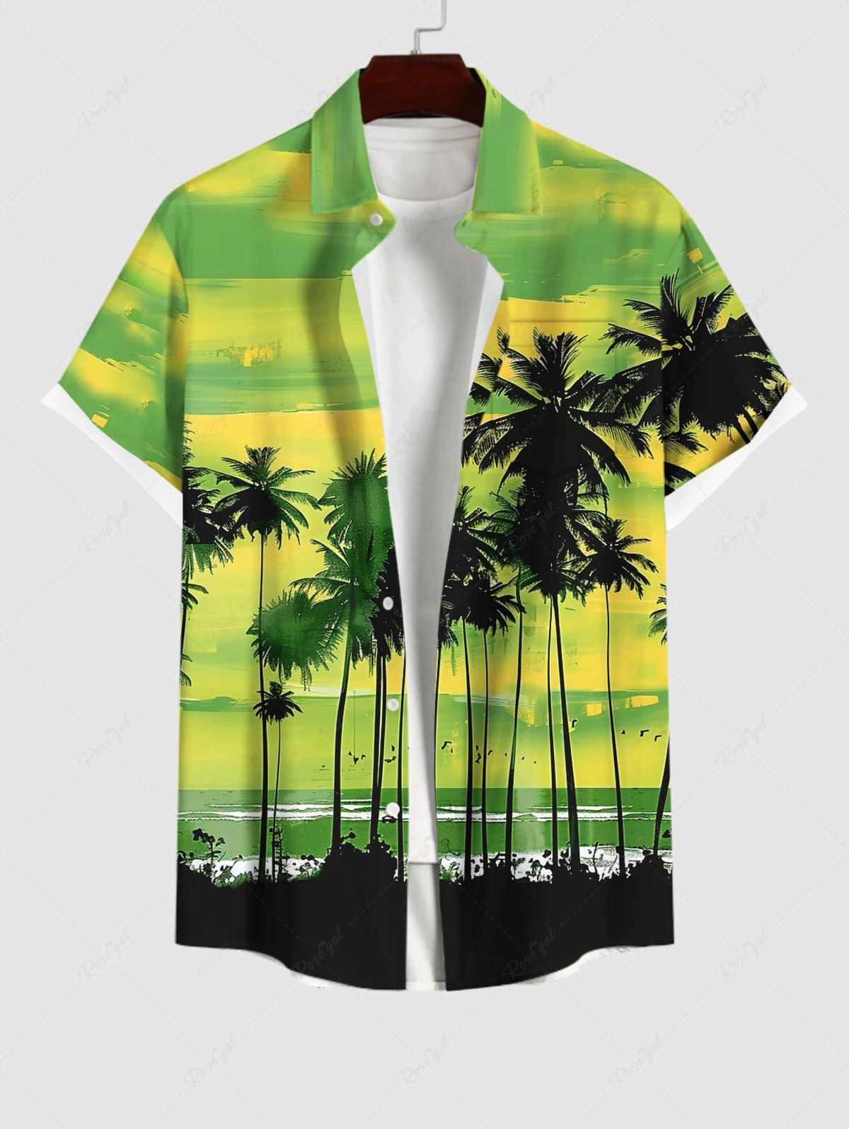 Buy Plus Size Coconut Tree Bird Ombre Colorblock Sky Watercolor Print Buttons Pocket Hawaii Shirt For Men  