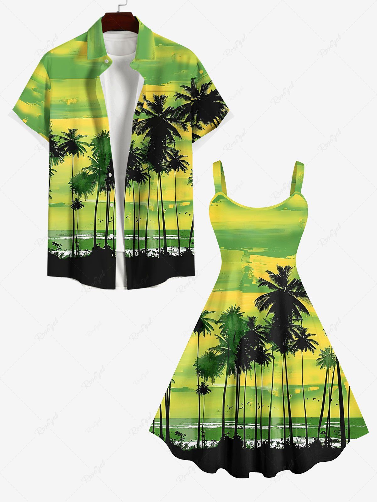 Store Coconut Tree Bird Ombre Colorblock Sky Watercolor Print Plus Size Matching Hawaii Beach Outfit For Couples  