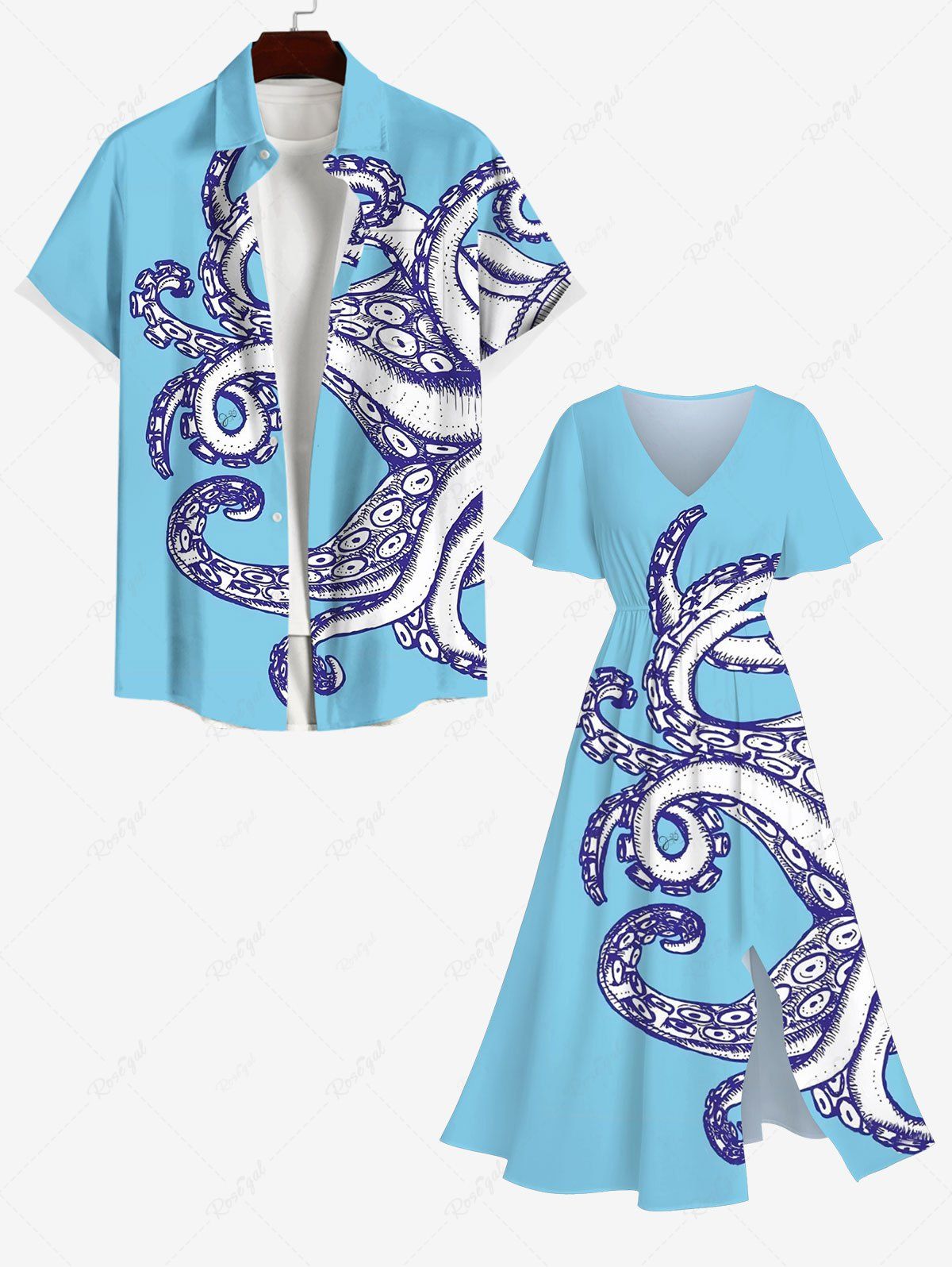 New Octopus Print Plus Size Matching Hawaii Beach Outfit For Couples  