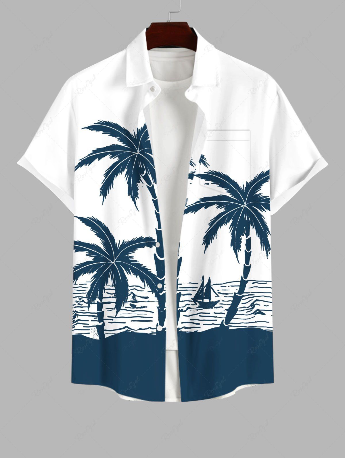 Cheap Plus Size Coconut Tree Sea Sailboat Colorblock Print Buttons Pocket Hawaii Shirt For Men  