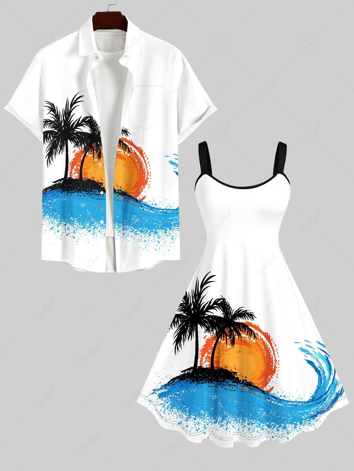 Outfit Coconut Tree Sun Sea Waves Print Plus Size Matching Hawaii Beach Outfit For Couples  