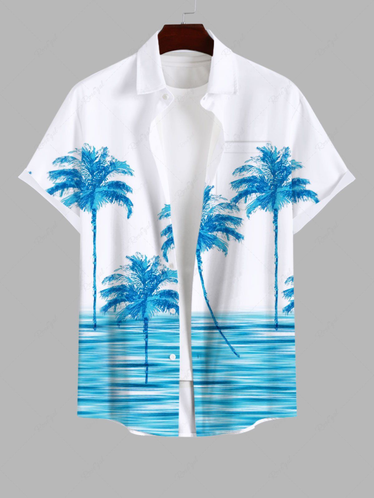 Shop Plus Size Coconut Tree Sea Waves Print Buttons Pocket Hawaii Shirt For Men  