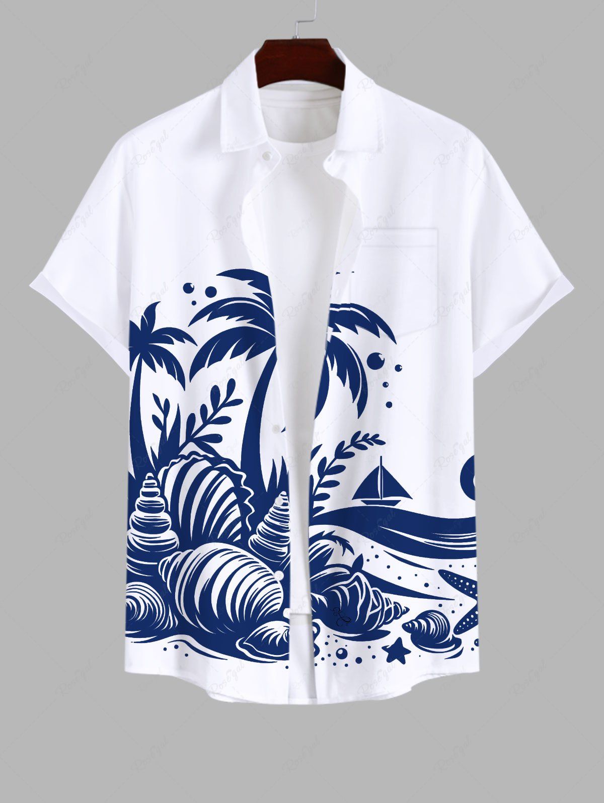 Shops Plus Size Coconut Tree Conch Sailboat Sea Print Buttons Pocket Hawaii Shirt For Men  
