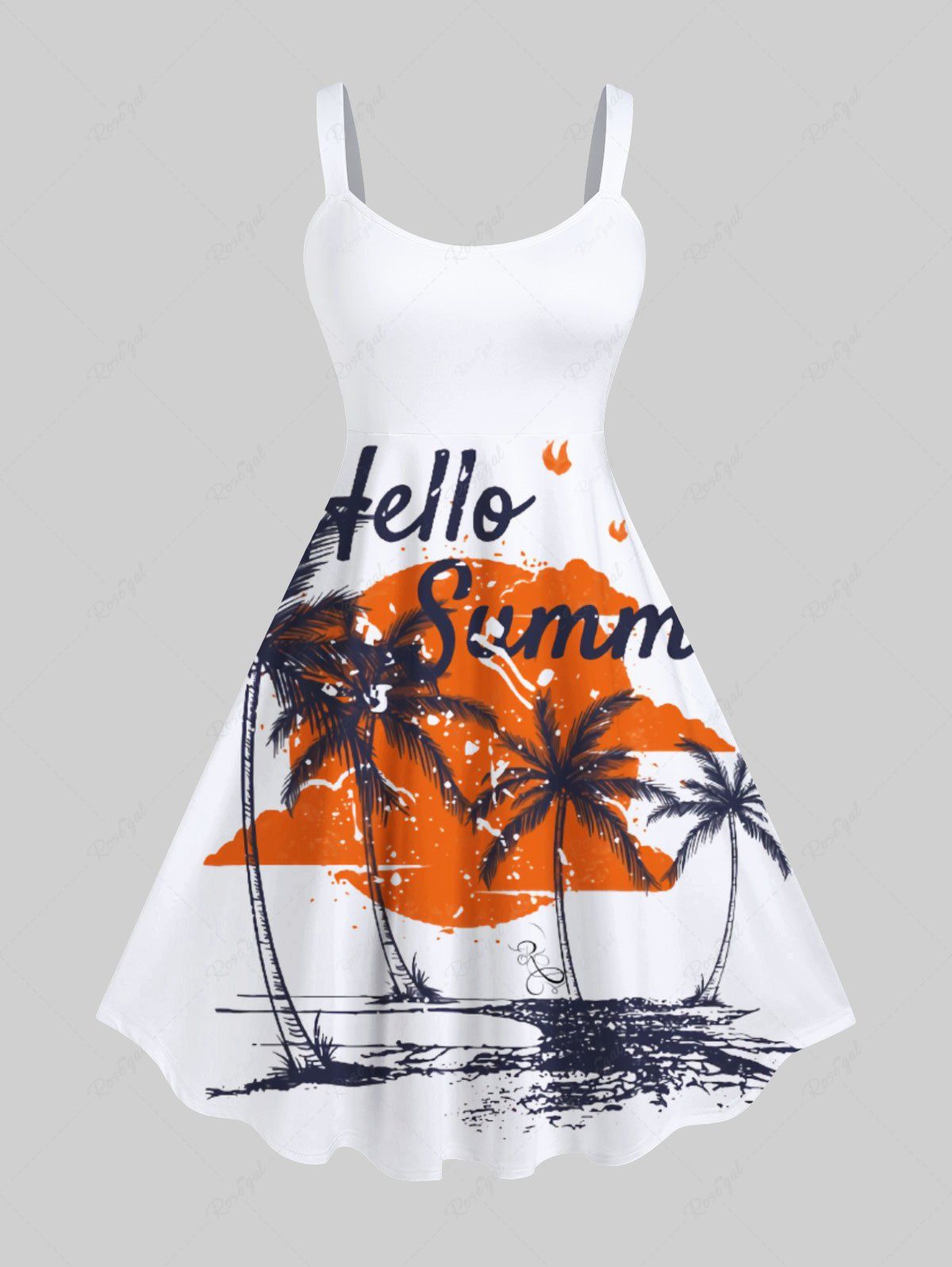 Fashion Plus Size Coconut Tree Sun Cloud Letters Print Hawaii Tank Dress  
