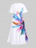 Plus Size Colorful Feather Coconut Tree Print Hawaii Split Pocket A Line Midi Dress -  