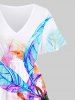 Plus Size Colorful Feather Coconut Tree Print Hawaii Split Pocket A Line Midi Dress -  