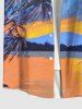 Plus Size Coconut Tree Mountain Bird Sunset Color Sky Print Buttons Pocket Hawaii Shirt For Men -  