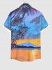 Plus Size Coconut Tree Mountain Bird Sunset Color Sky Print Buttons Pocket Hawaii Shirt For Men -  