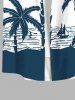 Plus Size Coconut Tree Sea Sailboat Colorblock Print Buttons Pocket Hawaii Shirt For Men -  