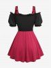 Plus Size Cold Shoulder Puff Sleeve Floral Mesh Flocking Lace Up 2 in 1 Top with PU Belt -  