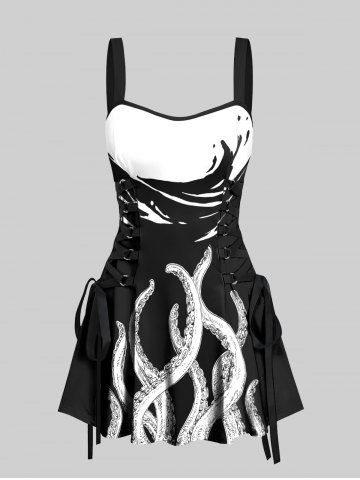 Octopus Two Tone Print Hawaii Lace Up A Line Tank Dress - BLACK - XS