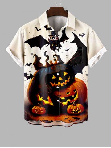 Plus Size Pumpkin Lantern Wizard Bat Print Halloween Button Pocket Shirt For Men - BEIGE - 4XL