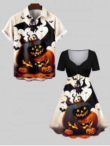 Halloween Costume Pumpkin Lantern Wizard Bat Print Plus Size Matching Set For Couples - BEIGE