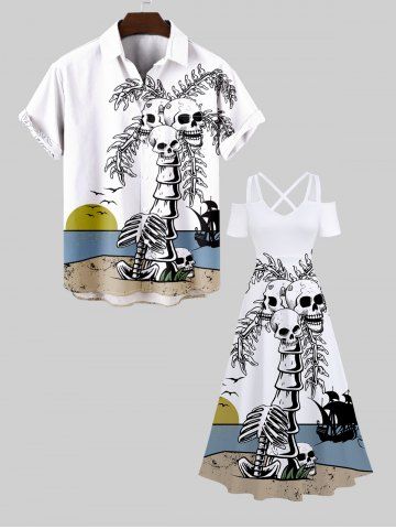 Skulls Coconut Tree Fish Skeleton Sea Sun Print Plus Size Matching Hawaii Beach Outfit For Couples - WHITE