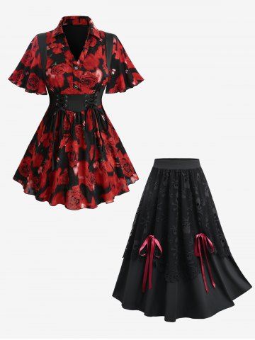 Rose Flower Print Jacquard Lace Up Blouse and Skull Mesh Layered Skirt Plus Size Outfit - RED