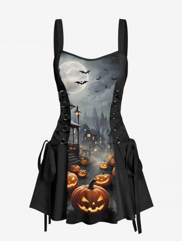 Pumpkin Village Bat Moon Print Halloween Costume Lace Up A Line Tank Dress - BLACK - XS