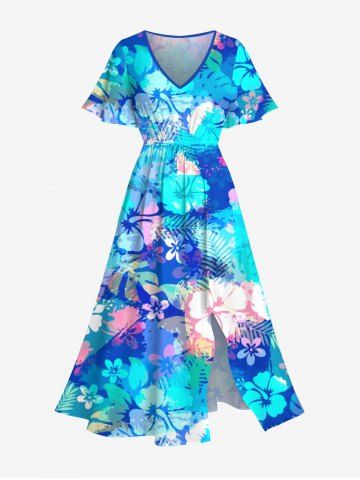 Plus Size Tie Dye Tropical Leaf Hibiscus Flowers Print Split Hawaii Midi Dress - MULTI-A - 2X