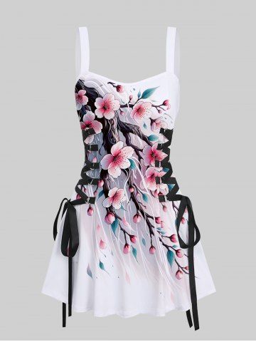 Peach Blossom Flowers Print Lace Up Tank Dress - WHITE - XS