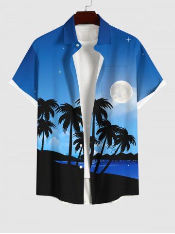 Plus Size Coconut Tree Sea Beach Ombre Galaxy Moon Print Hawaii Button Pocket Shirt For Men - BLUE - L