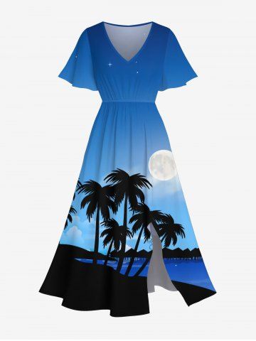 Plus Size Coconut Tree Sea Beach Ombre Galaxy Moon Print Hawaii Split Pocket A Line Midi Dress - BLUE - M