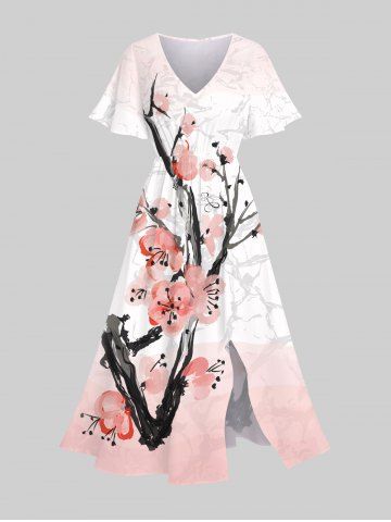 Plus Size Chinese Style Peach Blossom Branched Ombre Colorblock Print Split Midi Dress - LIGHT PINK - 4X