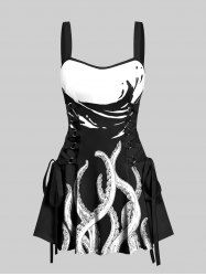 Octopus Two Tone Print Hawaii Lace Up A Line Tank Dress -  