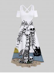 Plus Size Cold Shoulder Skulls Coconut Tree Fish Skeleton Sea Sun Print Hawaii Crisscross A Line Maxi Dress -  