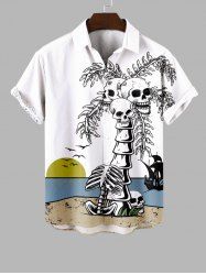 Plus Size Skulls Coconut Tree Fish Skeleton Sea Sun Print Hawaii Button Pocket Shirt For Men -  