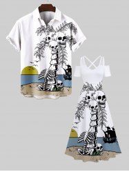 Skulls Coconut Tree Fish Skeleton Sea Sun Print Plus Size Matching Hawaii Beach Outfit For Couples -  