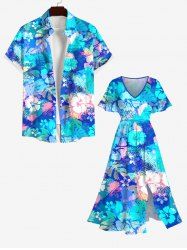 Tie Dye Tropical Leaf Hibiscus Flowers Print Plus Size Matching Hawaii Beach Outfit For Couples -  