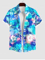 Plus Size Tie Dye Tropical Leaf Hibiscus Flowers Print Buttons Pocket Hawaii Shirt For Men -  