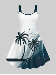 Plus Size Coconut Tree Bird Ombre Colorblock Light Beam 3D Print Hawaii Tank Dress -  
