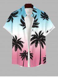 Plus Size Coconut Tree Ombre Colorblock Print Buttons Pocket Hawaii Shirt For Men -  