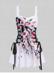 Peach Blossom Flowers Print Lace Up Tank Dress -  