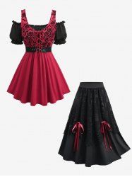 Floral Mesh Flocking Lace Up 2 in 1 Top with PU Belt and Layered Skull Skirt Plus Size Outfit -  