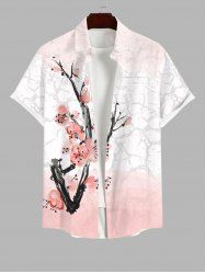 Plus Size Chinese Style Peach Blossom Branched Ombre Colorblock Print Buttons Pocket Shirt For Men -  