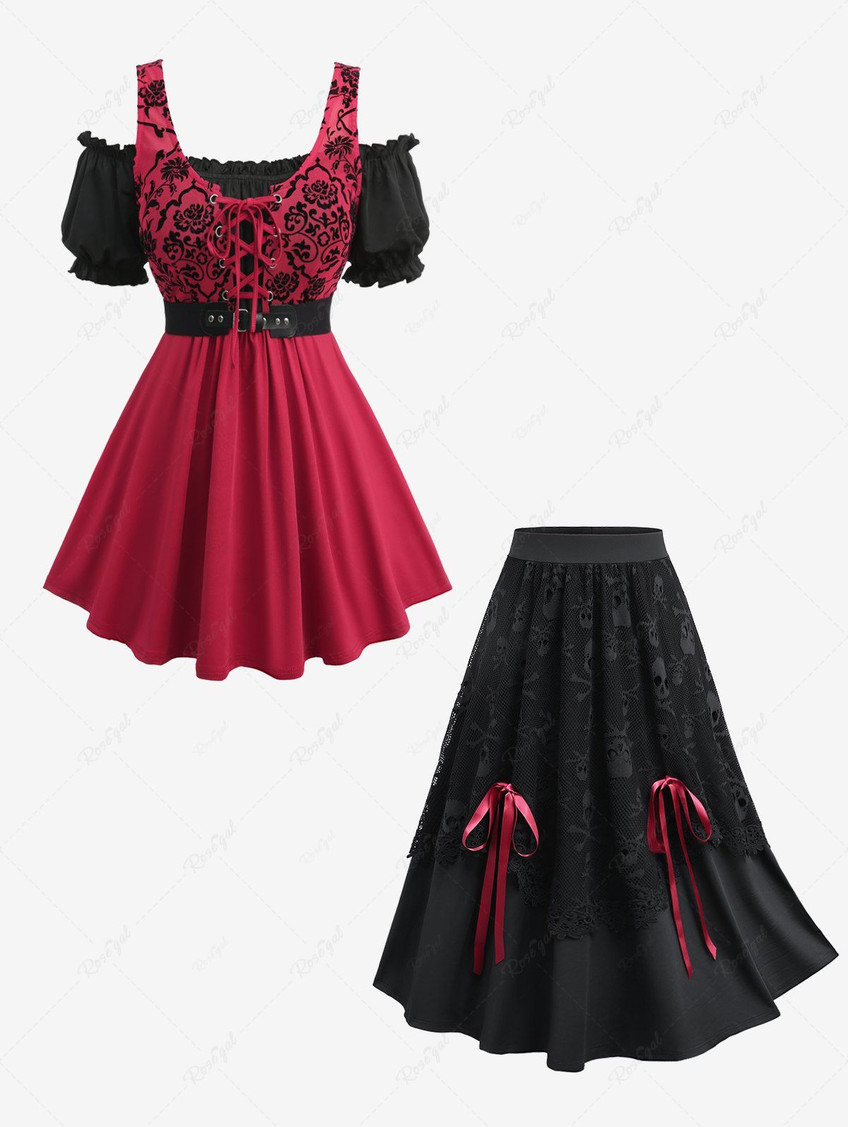 Cheap Floral Mesh Flocking Lace Up 2 in 1 Top with PU Belt and Layered Skull Skirt Plus Size Outfit  