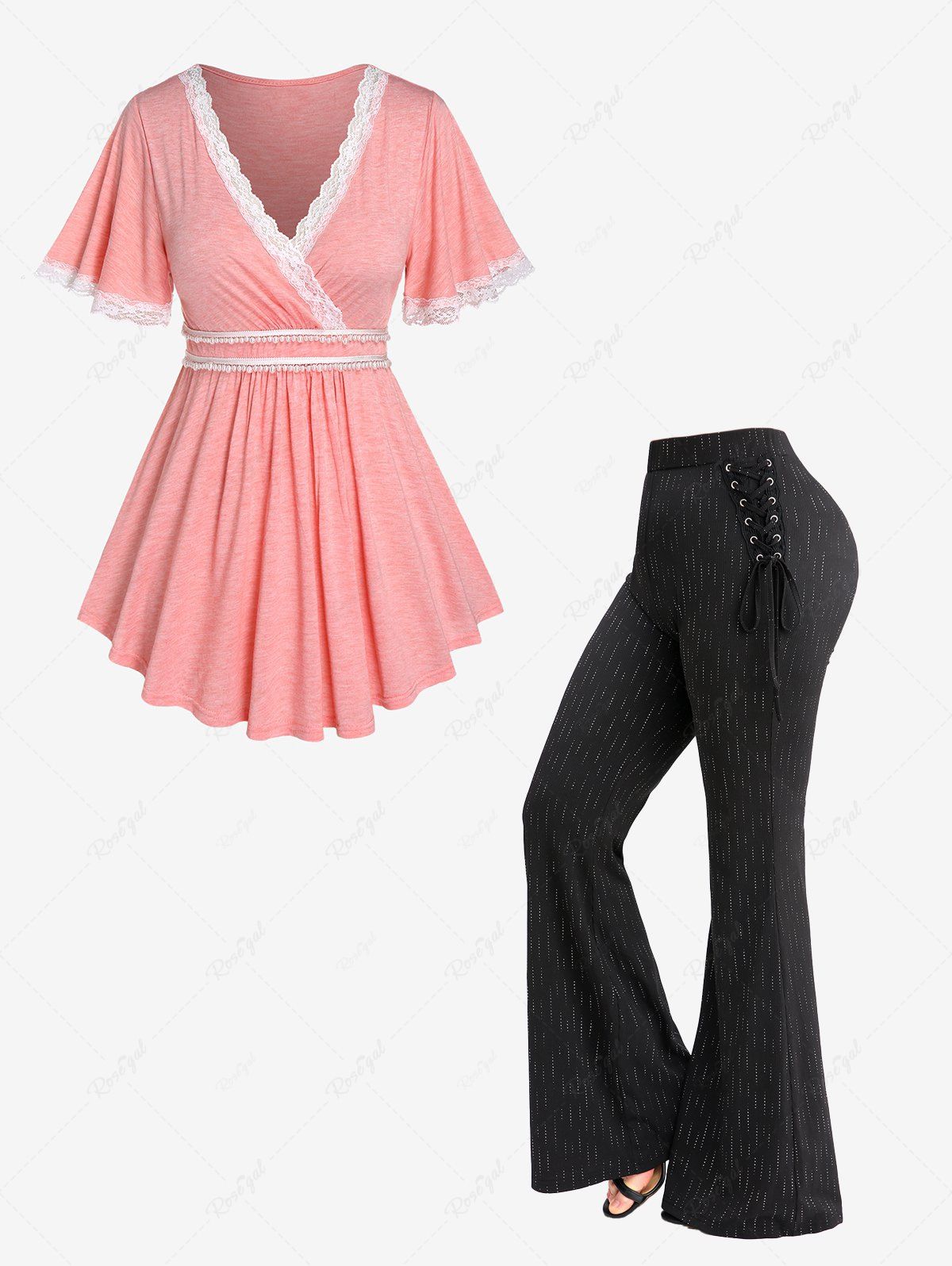 Shop Lace Trim Faux Pearls Tee and Glitter Line Insert Lace Up Ribbed Flare Pants Plus Size Outfit  