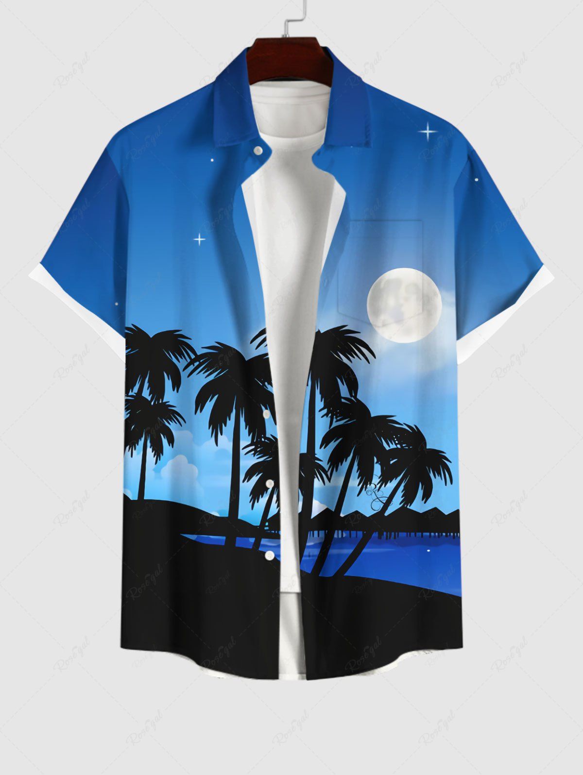 Hot Plus Size Coconut Tree Sea Beach Ombre Galaxy Moon Print Hawaii Button Pocket Shirt For Men  