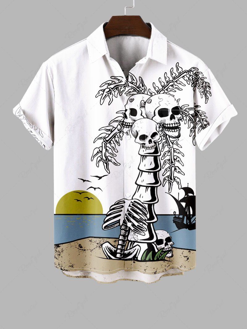 Shop Plus Size Skulls Coconut Tree Fish Skeleton Sea Sun Print Hawaii Button Pocket Shirt For Men  