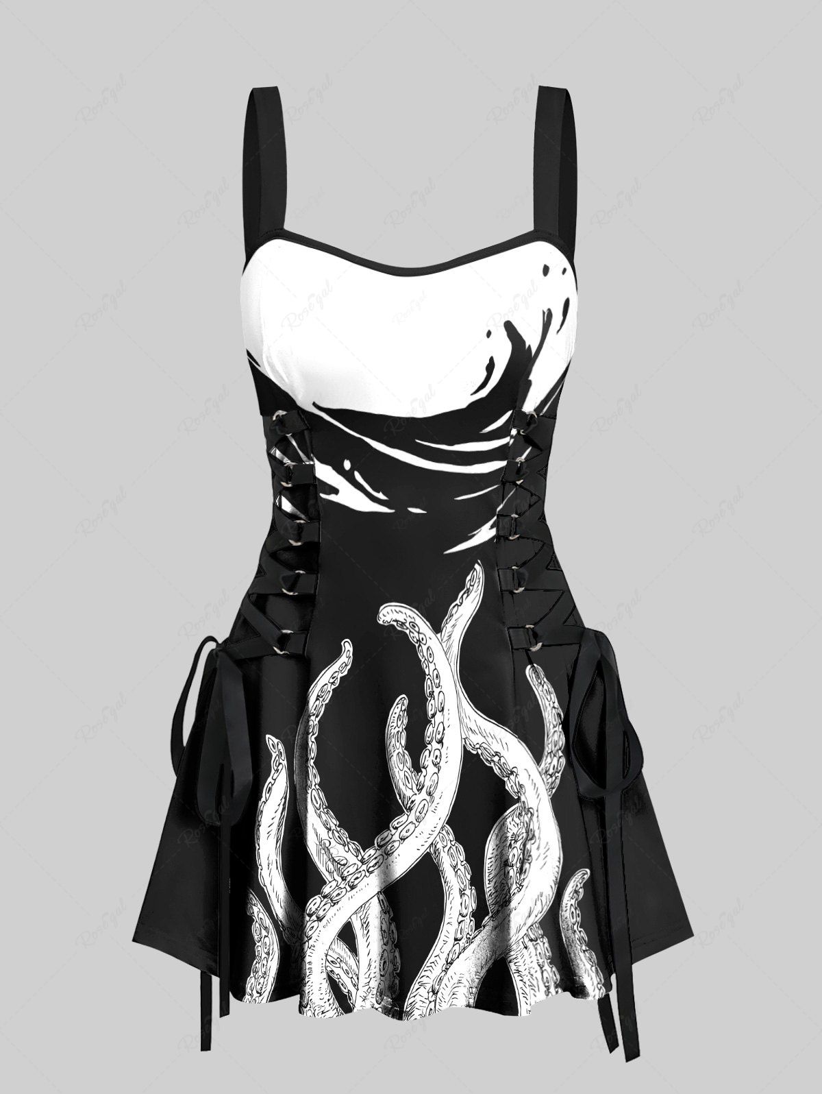 Outfits Octopus Two Tone Print Hawaii Lace Up A Line Tank Dress  