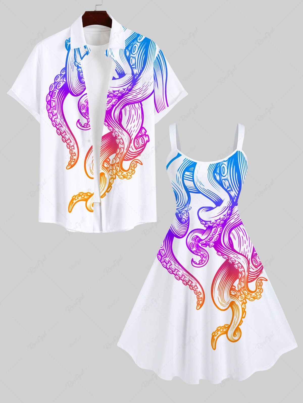 Chic Colorful Ombre Octopus Print Plus Size Matching Hawaii Beach Outfit For Couples  