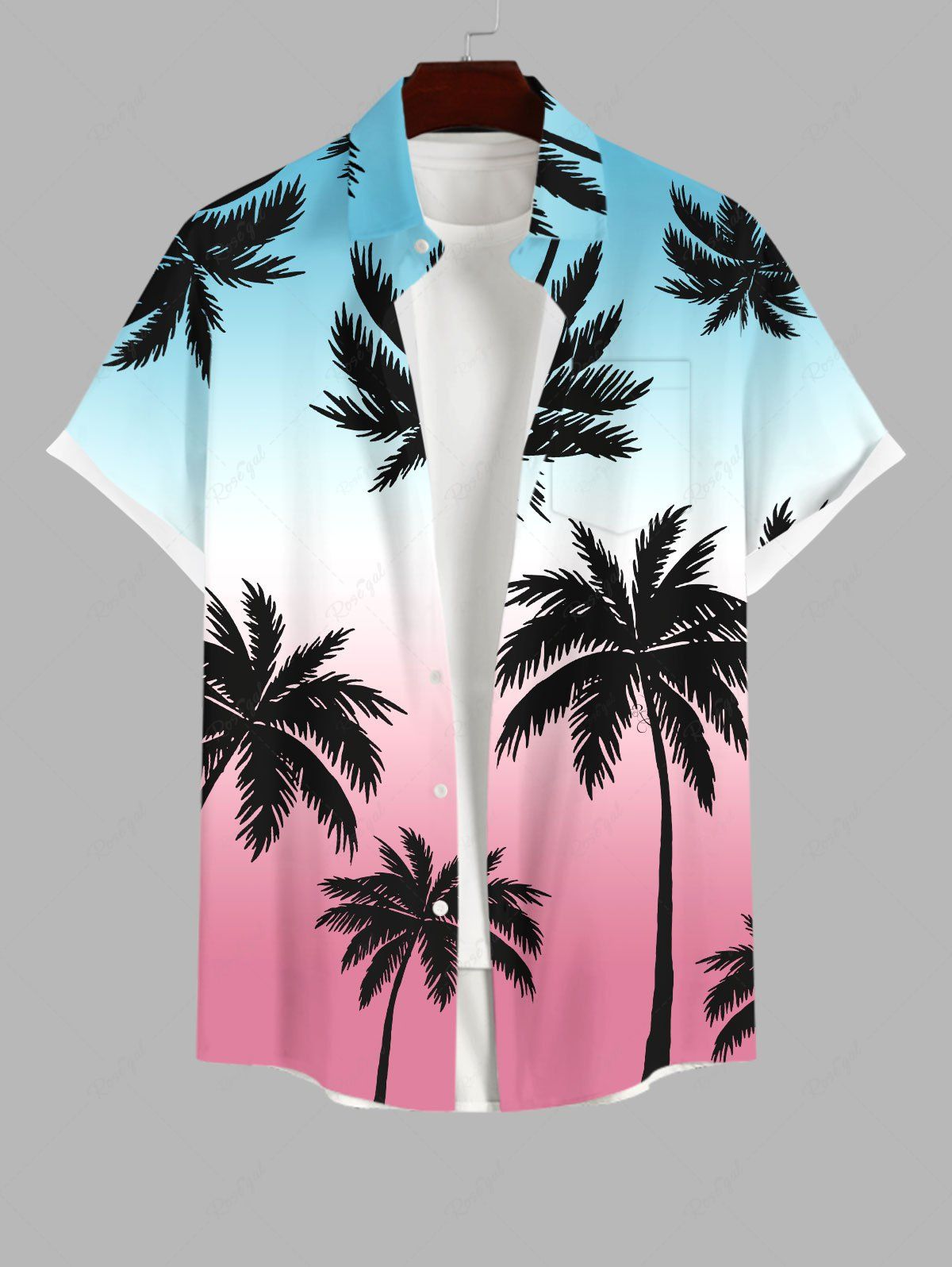 Affordable Plus Size Coconut Tree Ombre Colorblock Print Buttons Pocket Hawaii Shirt For Men  