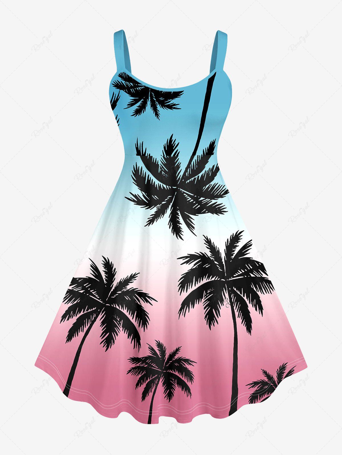 Chic Plus Size Coconut Tree Ombre Colorblock Print Hawaii Tank Dress  