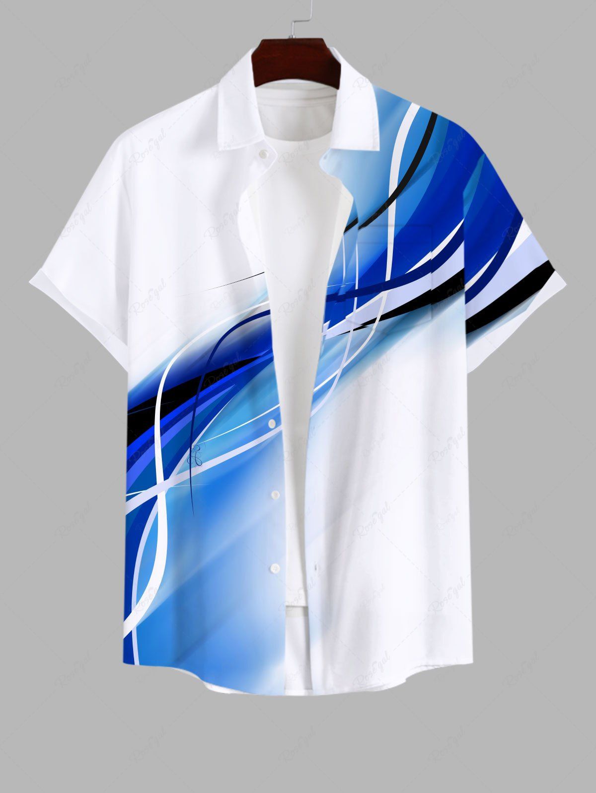 Fancy Plus Size Ombre Colorblock Light Beam Curve Print Buttons Pocket Shirt For Men  