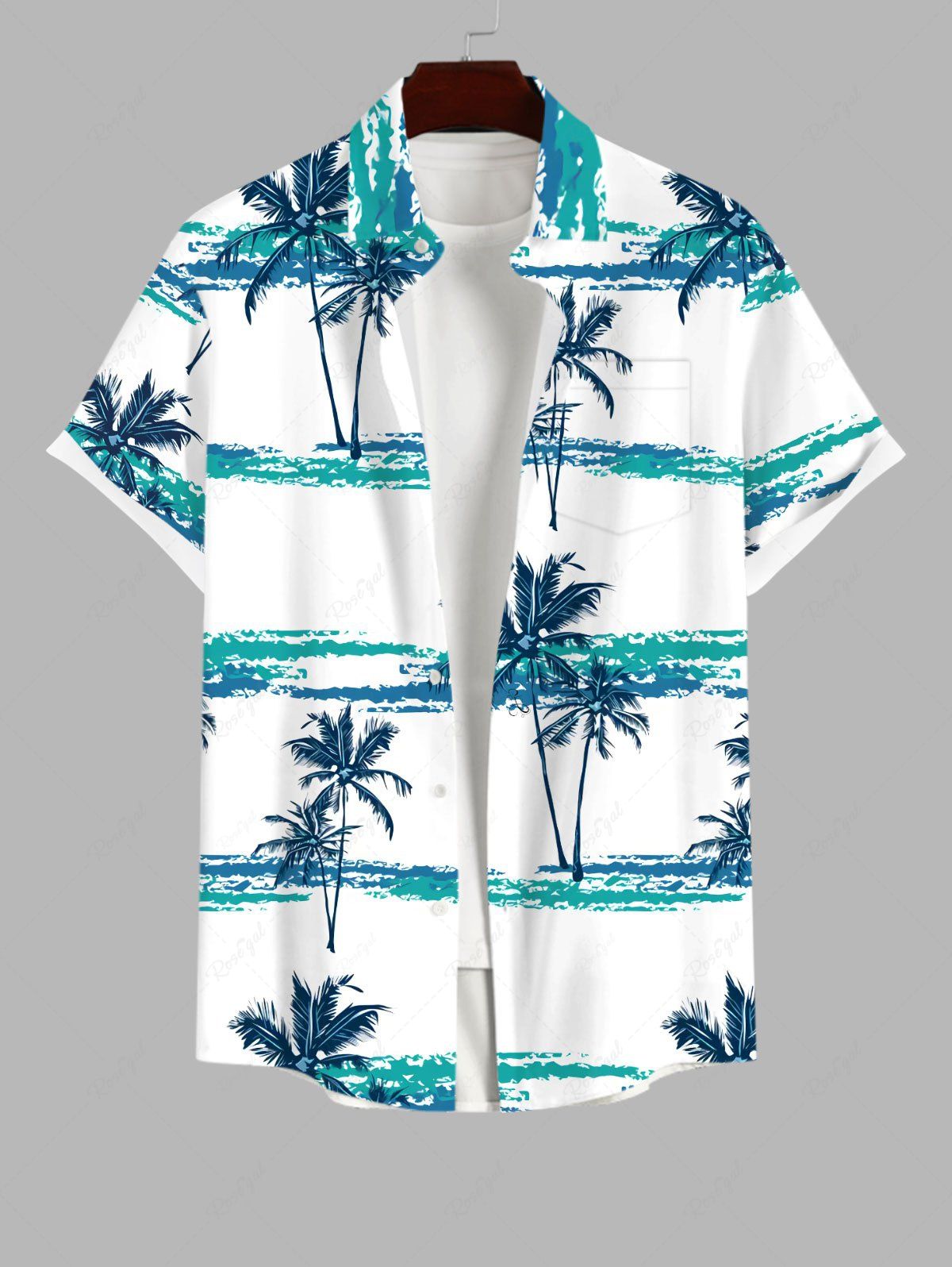 Chic Plus Size Coconut Tree Tie Dye Sea Print Buttons Pocket Hawaii Shirt For Men  