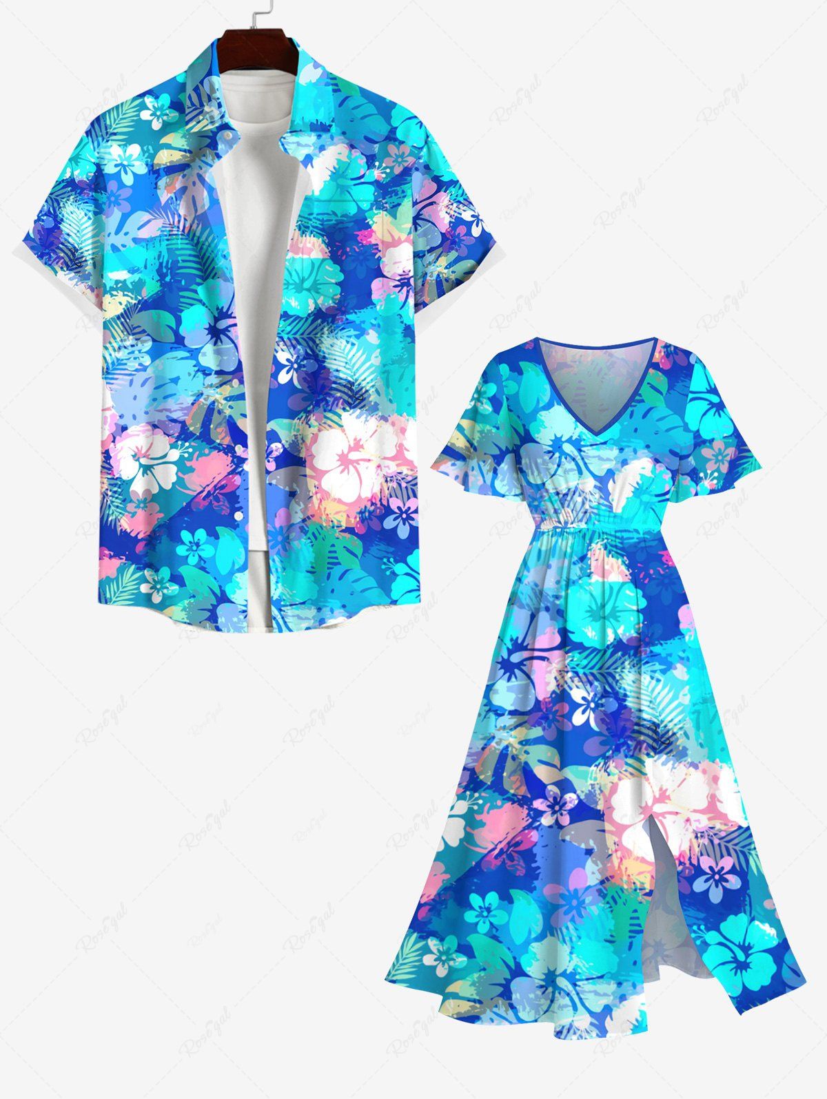 Best Tie Dye Tropical Leaf Hibiscus Flowers Print Plus Size Matching Hawaii Beach Outfit For Couples  