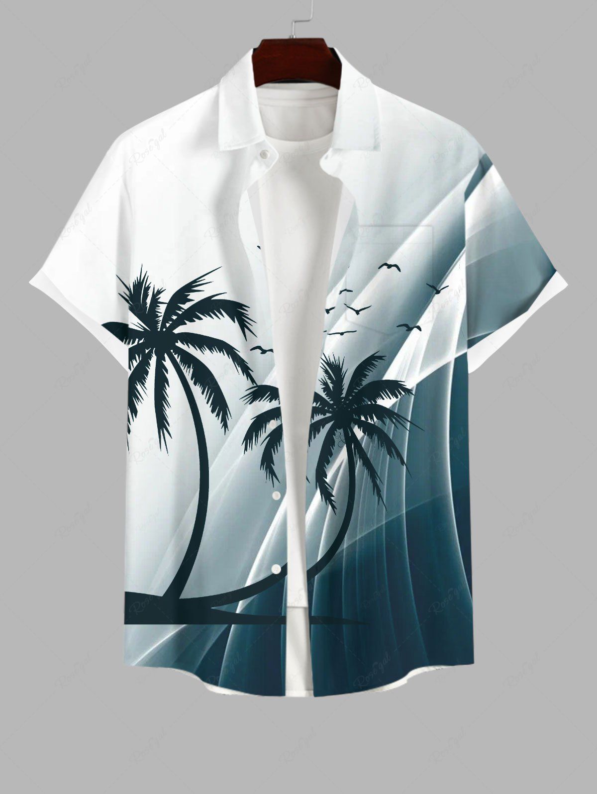 Shops Plus Size Coconut Tree Bird Ombre Colorblock Light Beam 3D Print Buttons Pocket Hawaii Shirt For Men  