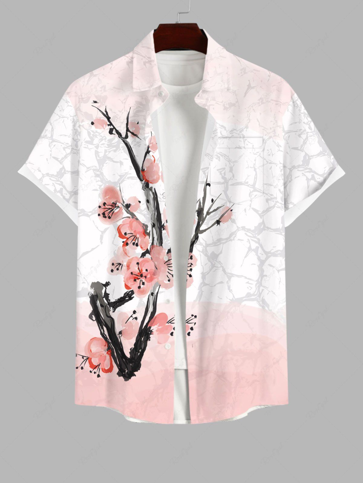 Fashion Plus Size Chinese Style Peach Blossom Branched Ombre Colorblock Print Buttons Pocket Shirt For Men  