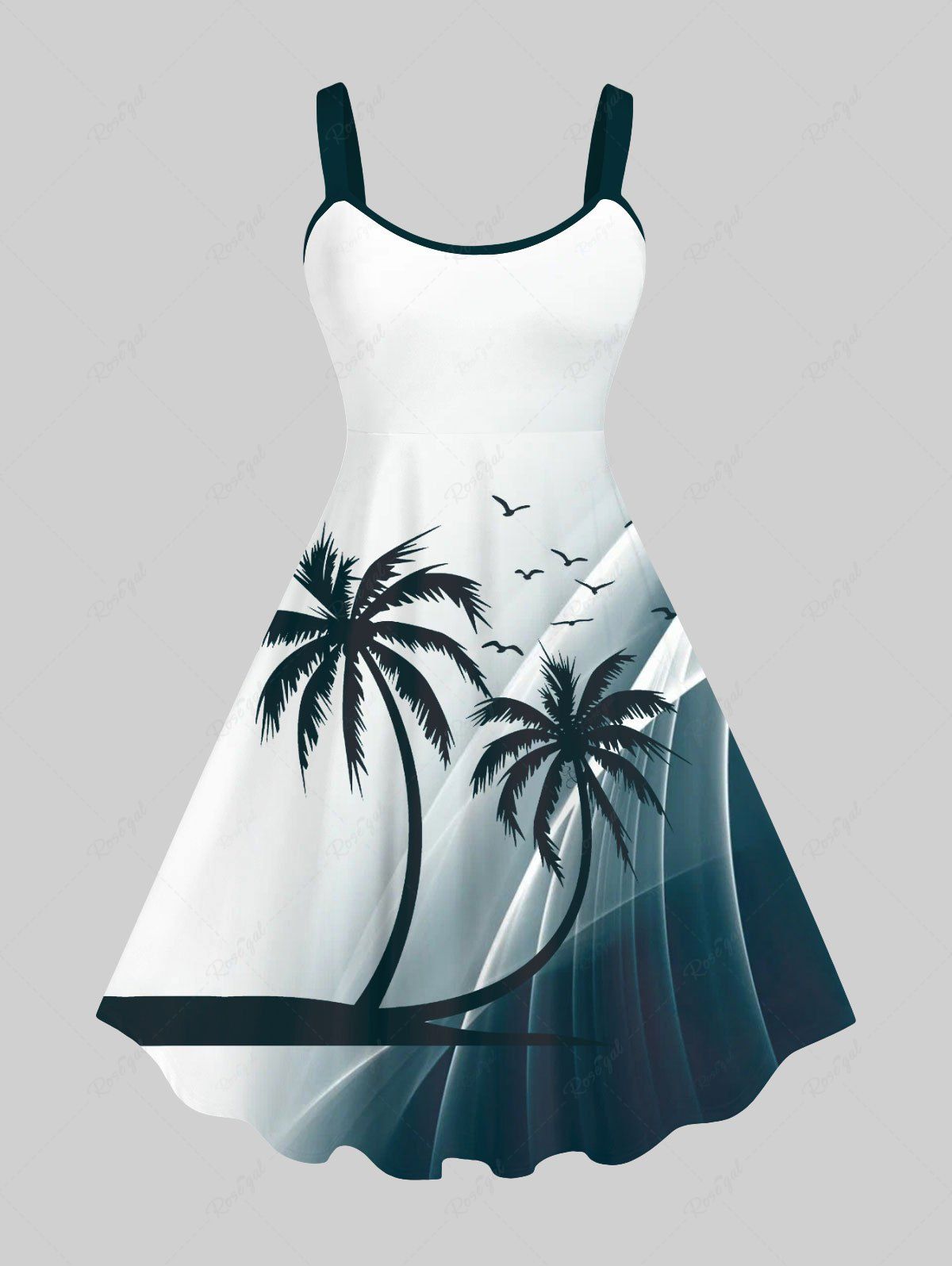 Store Plus Size Coconut Tree Bird Ombre Colorblock Light Beam 3D Print Hawaii Tank Dress  